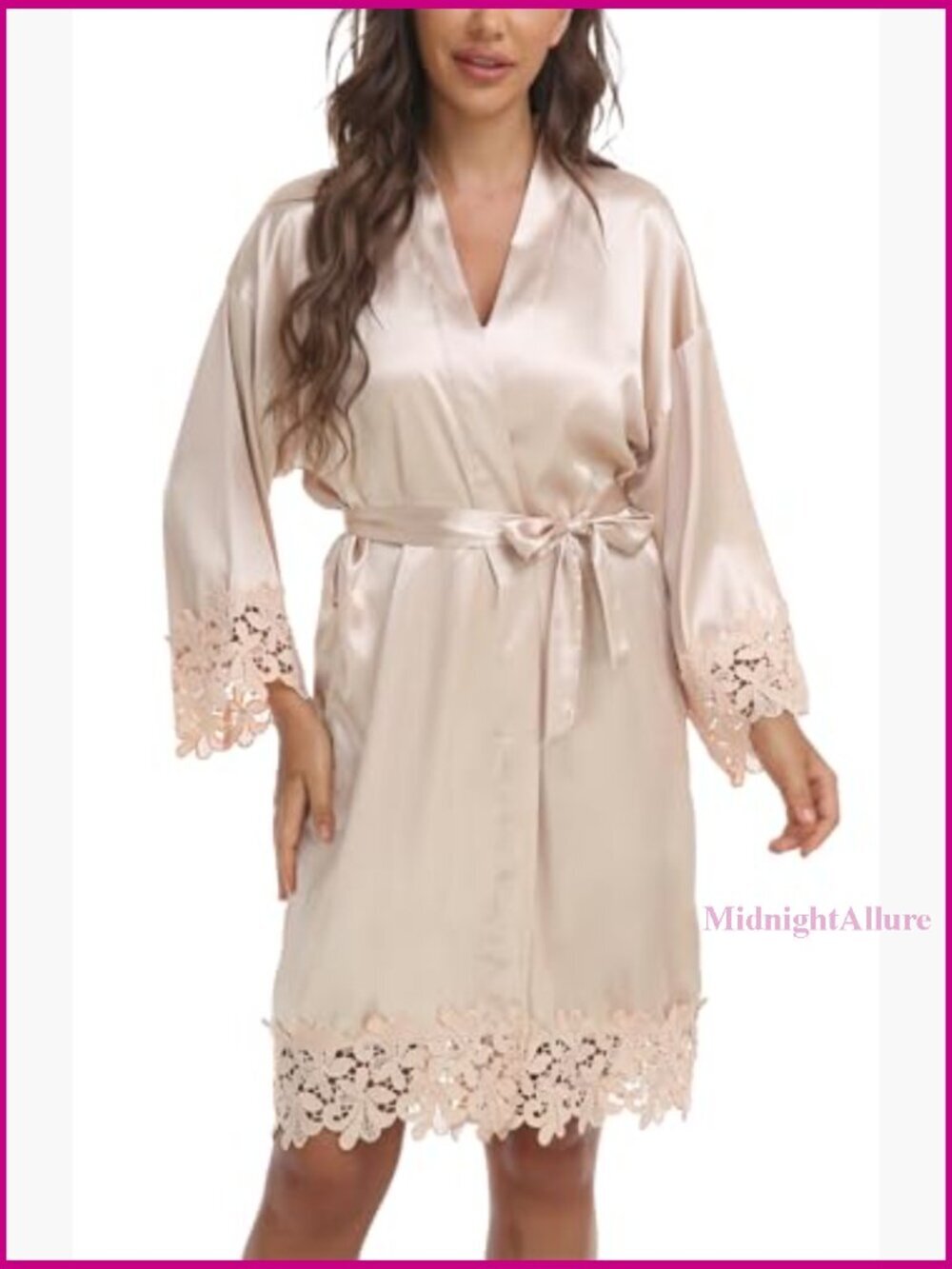 Large Satin Robe with Lace Trim, Loose Fit Kimono for Sleepwear and Lounging - Picture 3 of 6